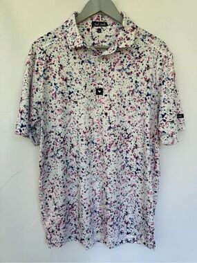 Bad Birdie - White Golf Polo with Pink and Blue Paint-Splash Print